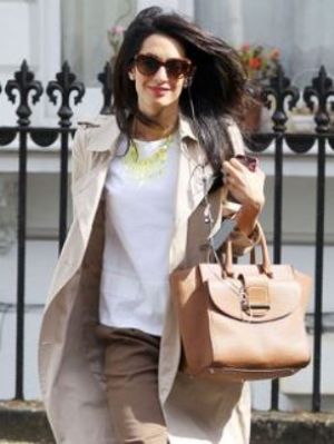 Amal Clooney style blog - white top brown slacks camel trench coat green necklace.jpg